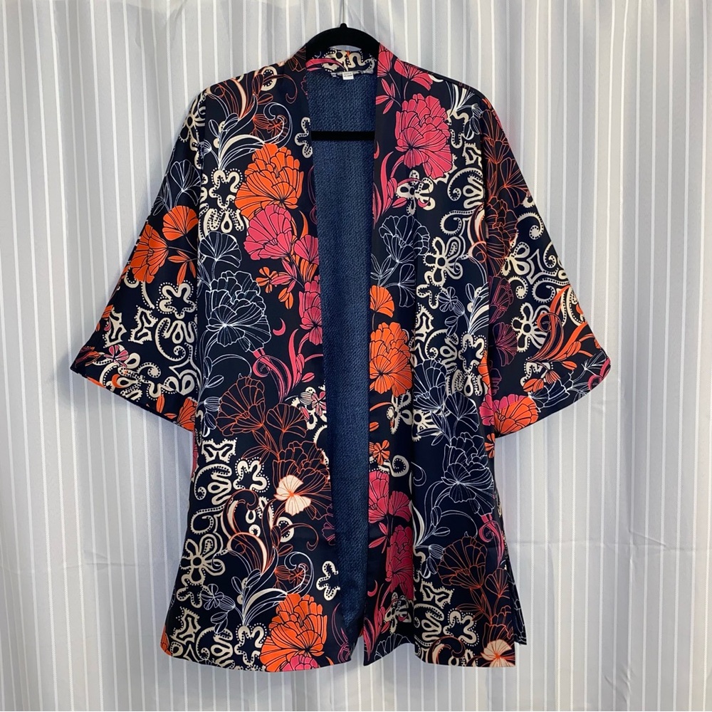 Chico's Silky Kimono Navy/ Pink/ Orange/ Cream Floral size XS